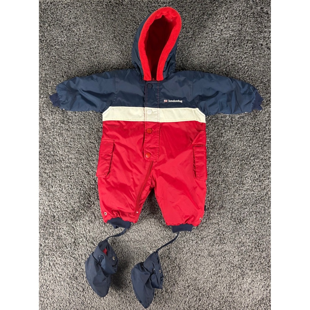 Vintage London Fog Kids 12M Red Navy Colorblock Hooded Snowsuit with Booties